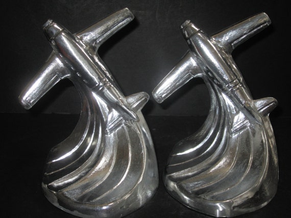 1950's Piper Cub Airplane Bookends Art Deco in Different Finished Aluminum USA a pair Style #191
