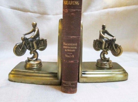 Vintage 1940's Harley Motorcycle Racer polished aluminum or brass bookends USA made