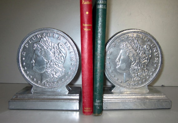 1890 Silver Dollar large metal art deco bookends pair banker,stock broker USA