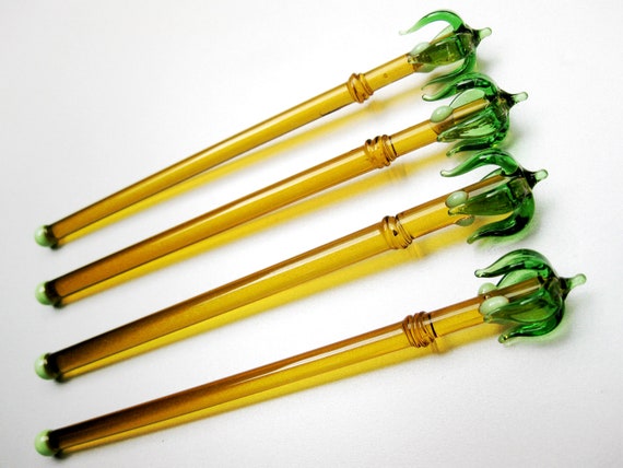 A Vintage set of 4 pcs Palm Tree lead crystal glass swizzle cocktail sticks Height ~ 5-1/2" ~ (14 cm) 4 sticks stixs stirrers  related