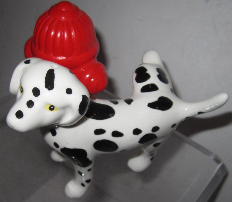 A Vintage Ceramic Dalmatian Dog with a Red Fire Hydrant 3-1/2 Tall Salt and Pepper Shaker Set Style 976A image 3