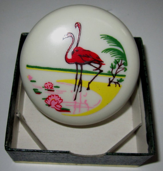 Vintage Bakelite Pill Box with a Flamingo design by Sarsaparilla Deco Design in Cream