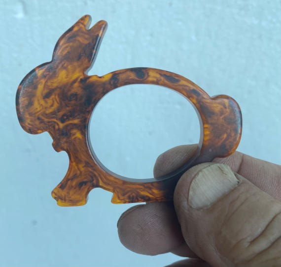 A Vintage Bakelite Cataline Big Tortoise Shell Rabbit Napkin Rings  Crib Toy ~  USA Made