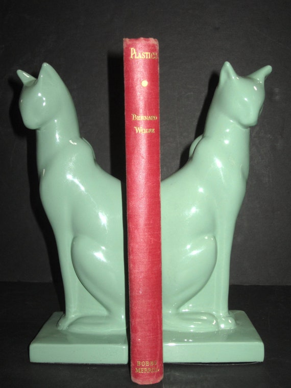 Frankart Sitting  Cat Bookends ~Art Deco Moderne Green Finish, comes as either Pairs or a Single, USA made