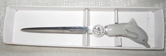 Dolphin fish letter opener ceramic and stainless steel 1980's 7" tall Style 72