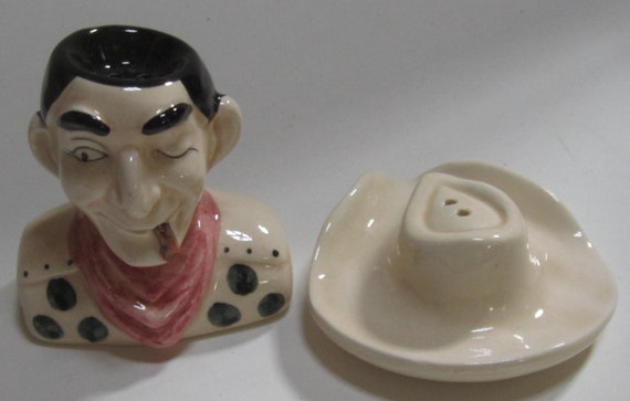 A Vintage 3-1/2" Ceramic, Western Cowboy Bust with his Hat as Salt & Pepper Shakers by Sarsaparilla Deco Design, 1970s, Japanese, Style #911