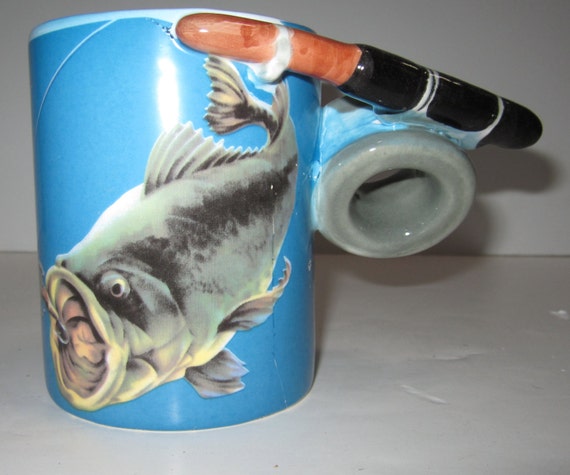 A Vintage Wide Mouth Bass Fish with a Fishing Rod Coffee Mug - 13 ounce - Style #4090
