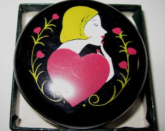 Vintage Bakelite Pill Box  "The love of my Life" Design by Sarsaparilla Deco Design in Black