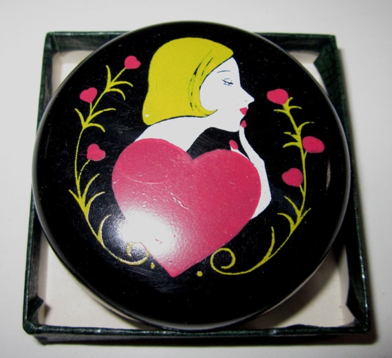 Vintage Bakelite Pill Box  "The love of my Life" Design by Sarsaparilla Deco Design in Black