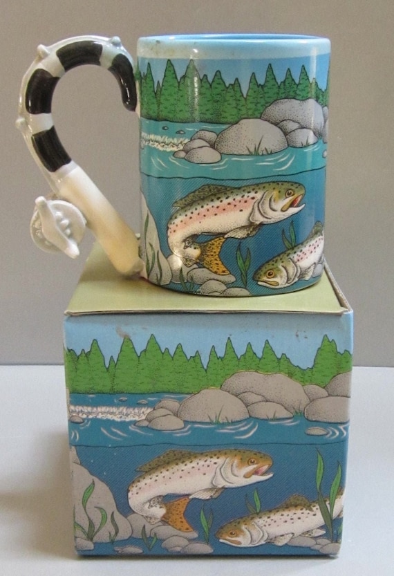 A Vintage Ceramic Trout with a Fishing Rod Coffee Mug  - 13 ounces - Style #4123