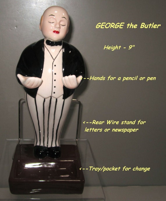 Vintage George the Butler Pencil , Letter & Change Holder ~ 9 inches Tall - Ceramic ~ Style #327