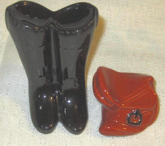 A Vintage Equestrian Ryding Boots and Horse Saddle Salt & Pepper Shakers ~ Ceramic ~ Style #367