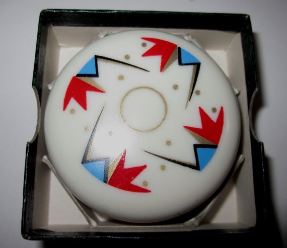 Vintage Bakelite Pill Box / A Four Color Deco Design by Sarsaparilla Deco Design in Cream.