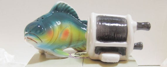 A Vintage Pair of Cèramic Bass Fish and a Fishing Reel Salt and Pepper Shakers - 4-3/4" long ~ Style #393