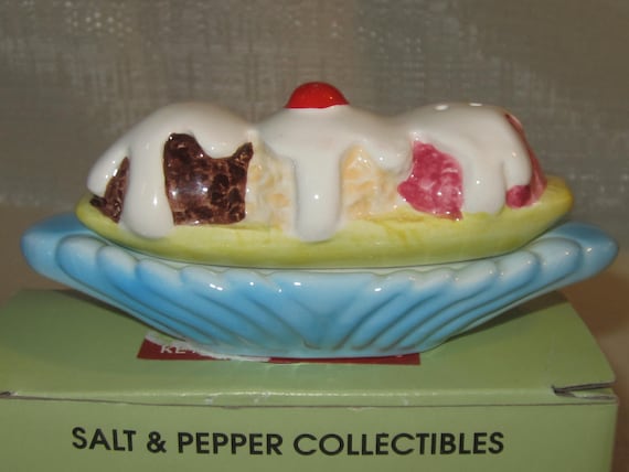 Vintage Banana Split Ice Cream Sunday Salt & Pepper Shakers 4-1/2" ~ Ceramic ~ Style #368