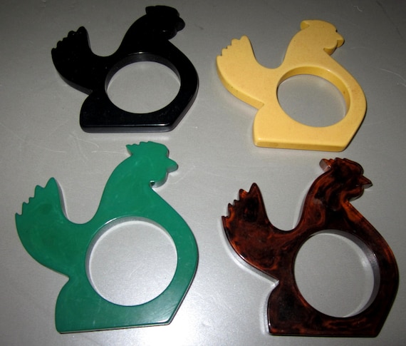 Vintage 3/16” Bakelite Flat Chickens or Roosters in several different colors of Napkin Ring or Crib Toys