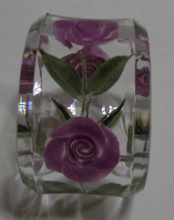 Vintage  Reversed  Carved  Lucite  Purple Rose Oval  Bracelets