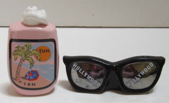 Vintage Hollywood Sunglasses and Tan Lotion Bottle Salt n Pepper Shaker Style #346