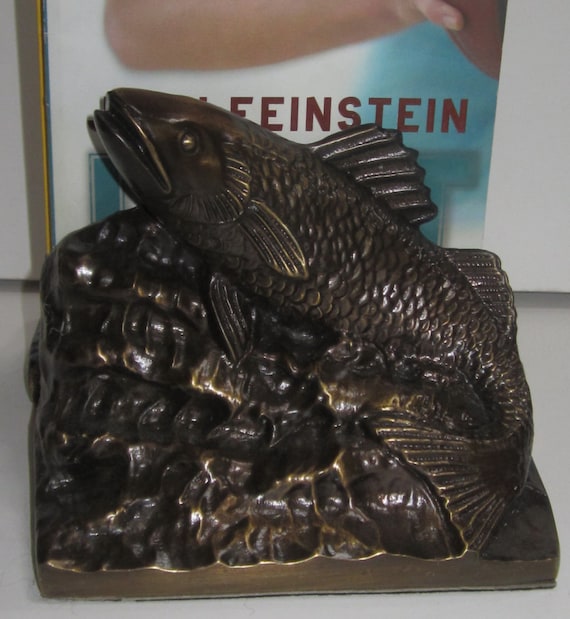 Vintage Swimming Trout ~ Carp Fish Bookends or heavy  Door Stoppers ~ A Pair and Brass Plated - 5" Tall - Made in the USA