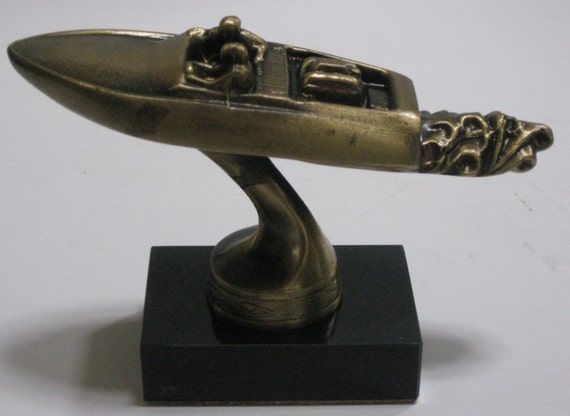 50's Racing boat with 2 drivers and an inboard engine in Brass on a Marble Base USA made