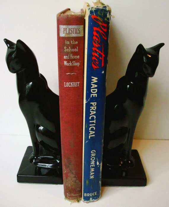 Vintage Frankart Sarsaparilla Sitting Cat Bookends ~ Art Deco metal  with a Solid Gloss Black Finish, USA
