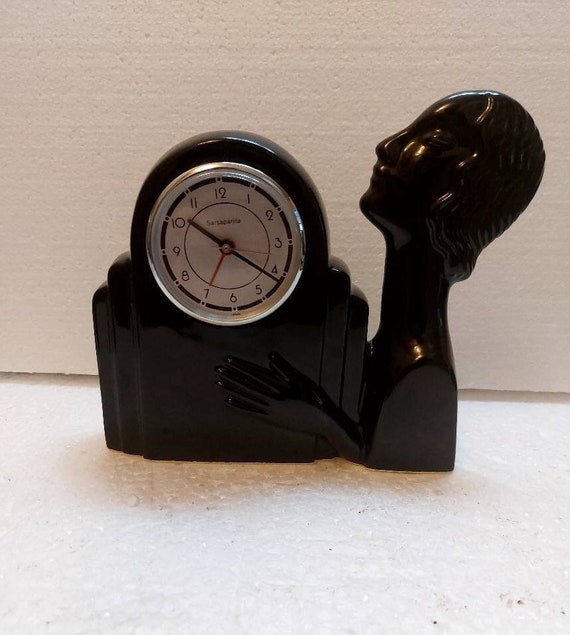 Vintage Art Deco Nymph Ceramic Quartz-Alarm Table Clock in either White or Black and with or without movement~6-1/2" Tall Old Japanese stock