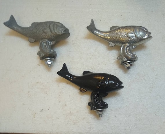 Vintage Topper Art Deco BASS FISH auto car motorcycle hood ornament mascot in several finishes on aluminum - Height 3" ~ USA Made