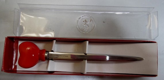 A Vintage Solid Red Ceramic Romantic Heart Letter Opener with a Stainless Steel blade - 6-1/4 Inches Long -
