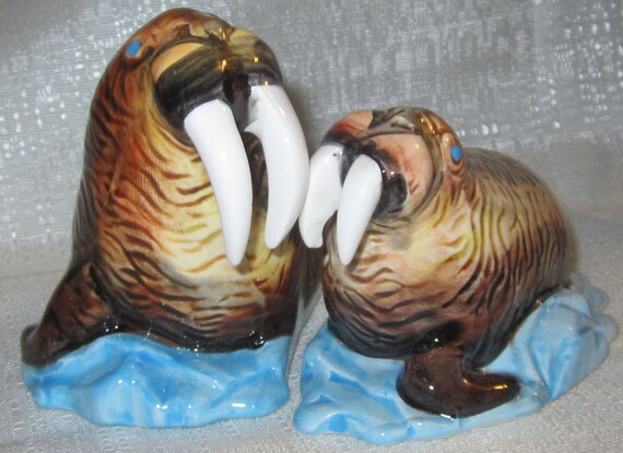 A Vintage Ceramic Walrus  and Baby Salt and Pepper Shakers ~ Style #358