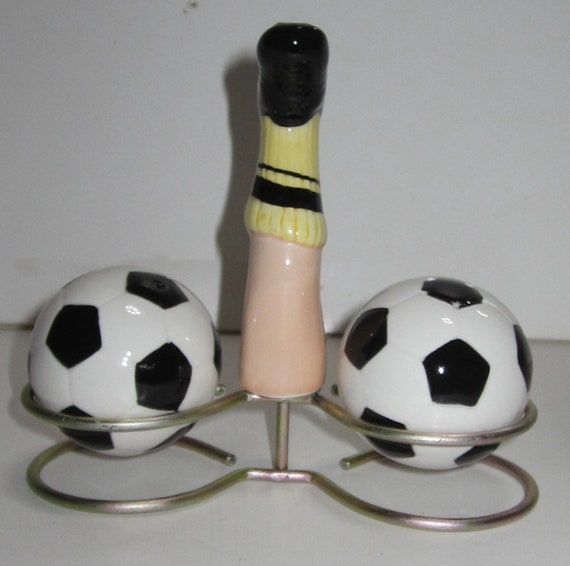 Vintage Ceramic and Wire set of Two Soccer Balls Salt & Pepper Shaker Set on a Foot Kicking Wire Stand - Style #453