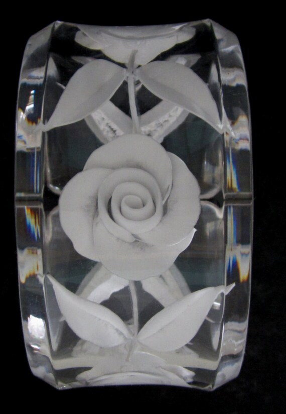 A Vintage Large Reversed  Carved  Oval Bracelet in Clear Lucite with White Roses and Leaves.