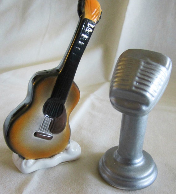 Vintage Guitar and Microphone ceramic salt and pepper shakers 4-1/2" tall. pair Style 380