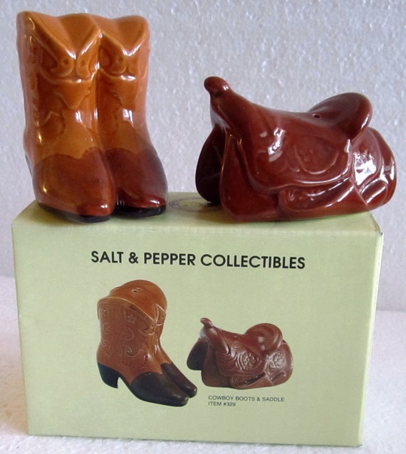 Cowgirl or Cowboy Boots and Saddle Salt and Pepper Shakers c1990 ~ Style 329