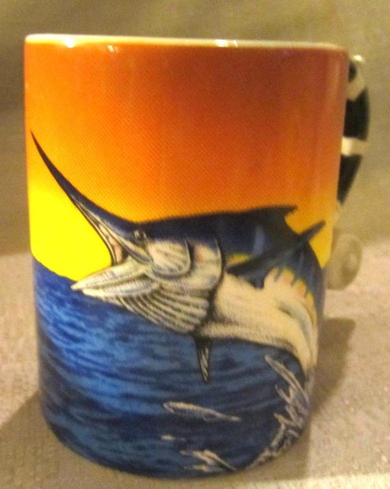Our Vintage Blue Marlin Ocean Fishing Ceramic Coffee or Tea Mugs - 13 ounce - Style #4119