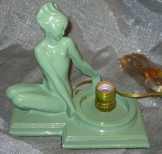 Frankart FishFace Nymph in Green Art Deco Table Lamp Base Slightly Damage with Glass Globe