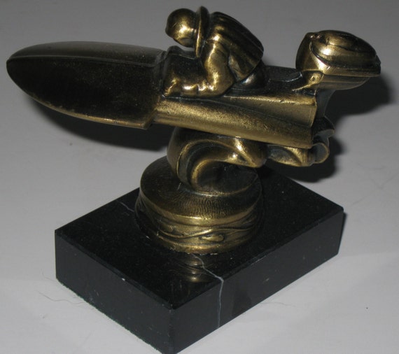 50's Racing Outboard Engine Hydroplane with a driver boat/ship brass on Marble Made in USA