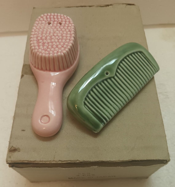 A Vintage mint condition fun pair of Older Japanese Ceramic Hair Comb and Hair Brush Salt & Pepper Shakers - c1983 -  #968CB
