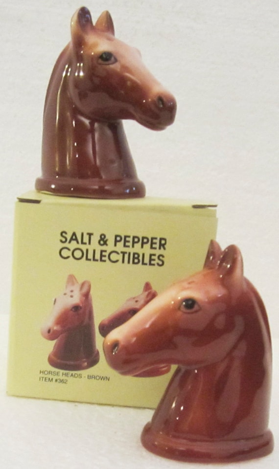 A Vintage Pair of Ceramic Brown Horse Head Salt and Pepper Shakers - 3 Inches tall - Western - Style #362