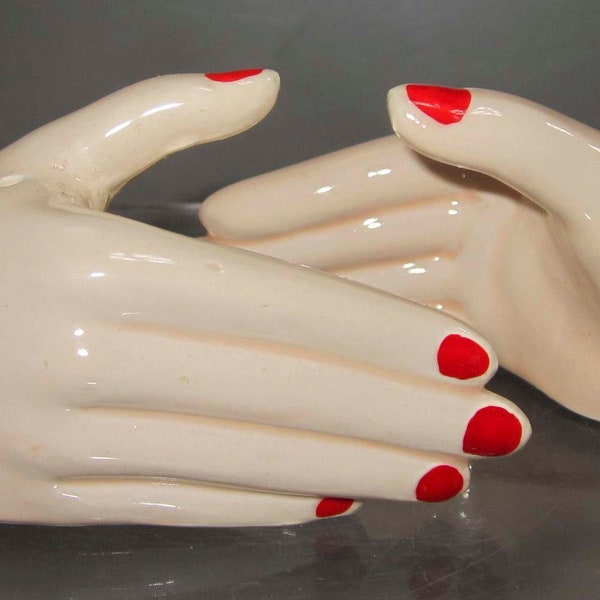 The Vintage c1984 Woman's Handshake a pair of manicured Red nail polished hands ceramic salt and pepper shakers 3-3/4" long - Style #972