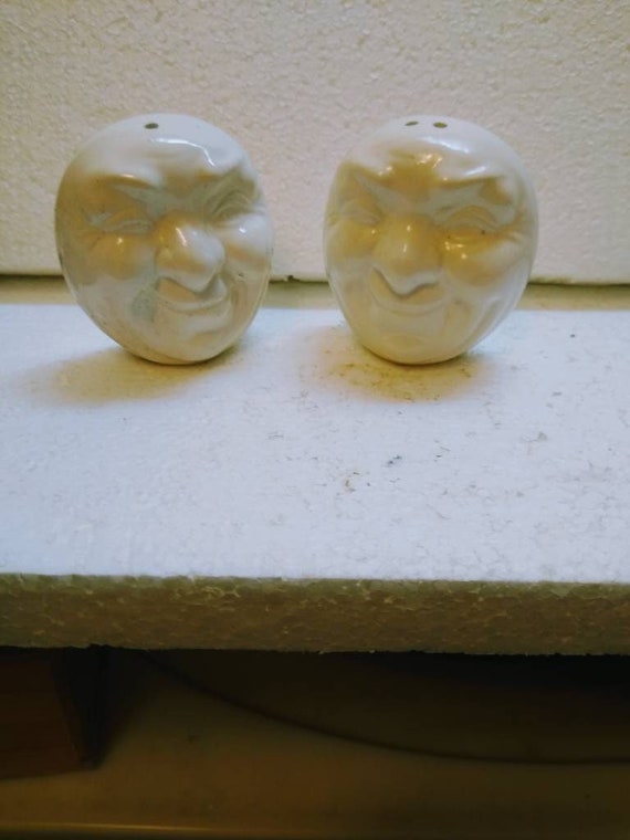 Vintage Anthropomorphic Ceramic Pair of Man in the Moon Salt & Pepper Shakers - 2-3/4" Tall - in two color finishes - Styles #832