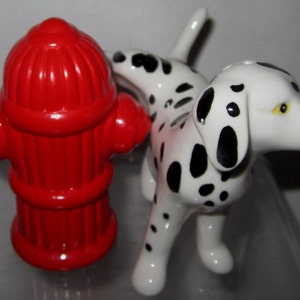 A Vintage Ceramic Dalmatian Dog with a Red Fire Hydrant - 3-1/2" Tall - Salt and  Pepper Shaker Set ~ Style #976A