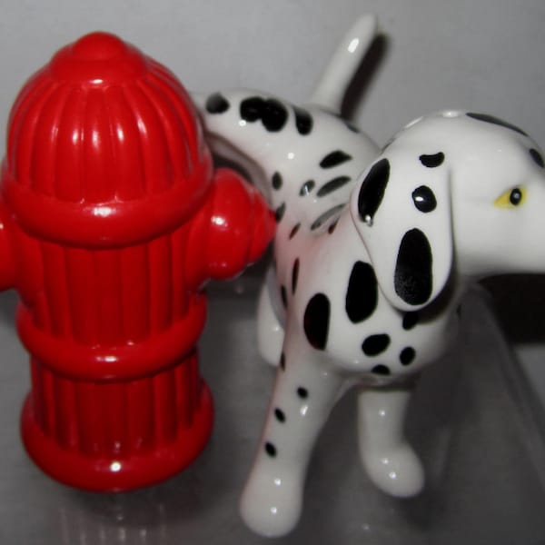 A Vintage Ceramic Dalmatian Dog with a Red Fire Hydrant - 3-1/2" Tall - Salt and  Pepper Shaker Set ~ Style #976A