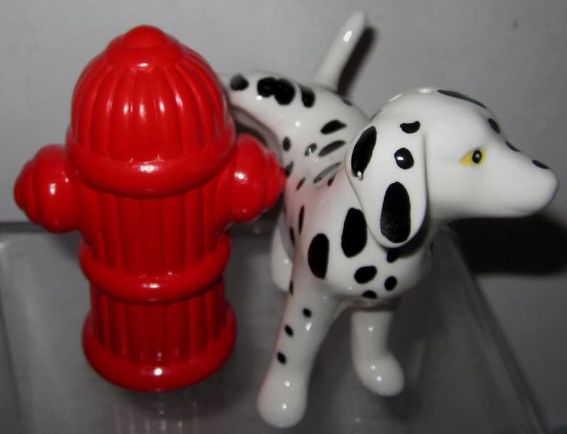 A Vintage Ceramic Dalmatian Dog with a Red Fire Hydrant 3-1/2 Tall Salt and Pepper Shaker Set Style 976A image 1