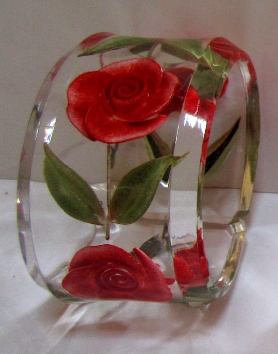 A Very Large Vintage Reversed Carved Oval Lucite Bracelet with Red Roses and Green Leaves.