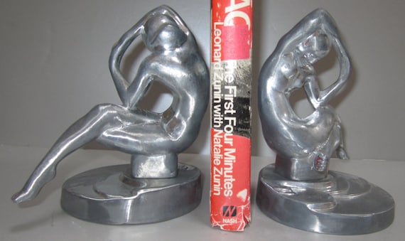 Frankart Nymph Kneeling Bookends~Art Deco Polished Aluminum all metal a pair made in USA