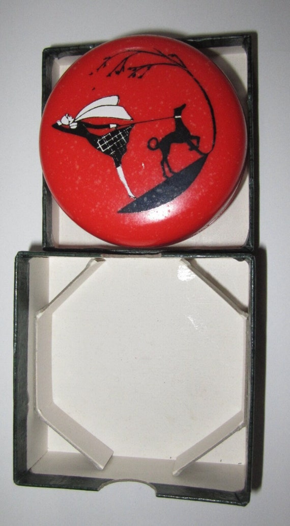 Vintage 1970s Bakelite Pill Box The Lady Walking the Dog by Sarsaparilla Deco Design in Cherry Red