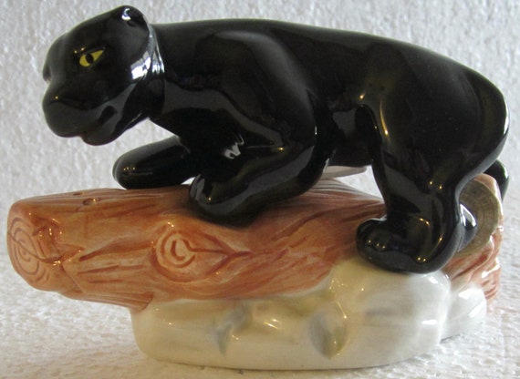 Vintage Ceramic Pair of a Black Panther on a Log Salt & Pepper Shakers - 4" Long ~ Style #446