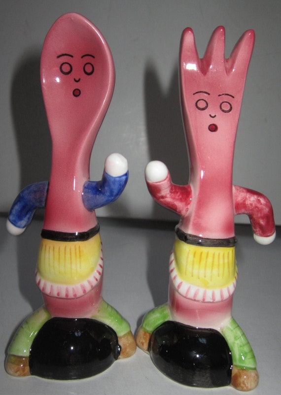 Vintage Anthropomorphic Mrs. Fork and Mr. Spoon  Ceramic  Salt & Pepper Shakers ~ Style #969