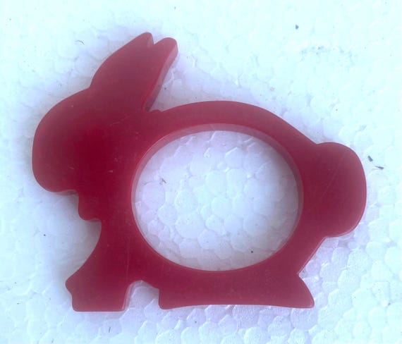 A Rare Vintage Bakelite Cataline Big Translucent Red Rabbit Napkin Rings or Crib Toys ~  USA Made