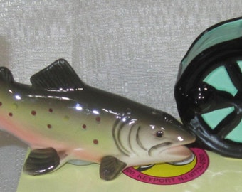 Vintage Trout and Fly Reel Fishing Salt and Pepper Shakers - 4-3/4" Long  ~ Style 386